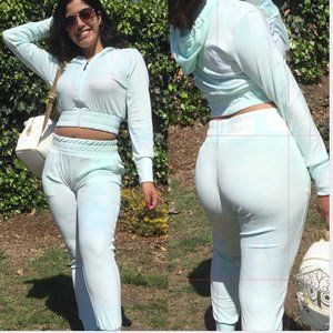 D'YUKI Tie Dye Set Jogger & Crop Hoodie  Zip Up Velour Stretchy  Green M